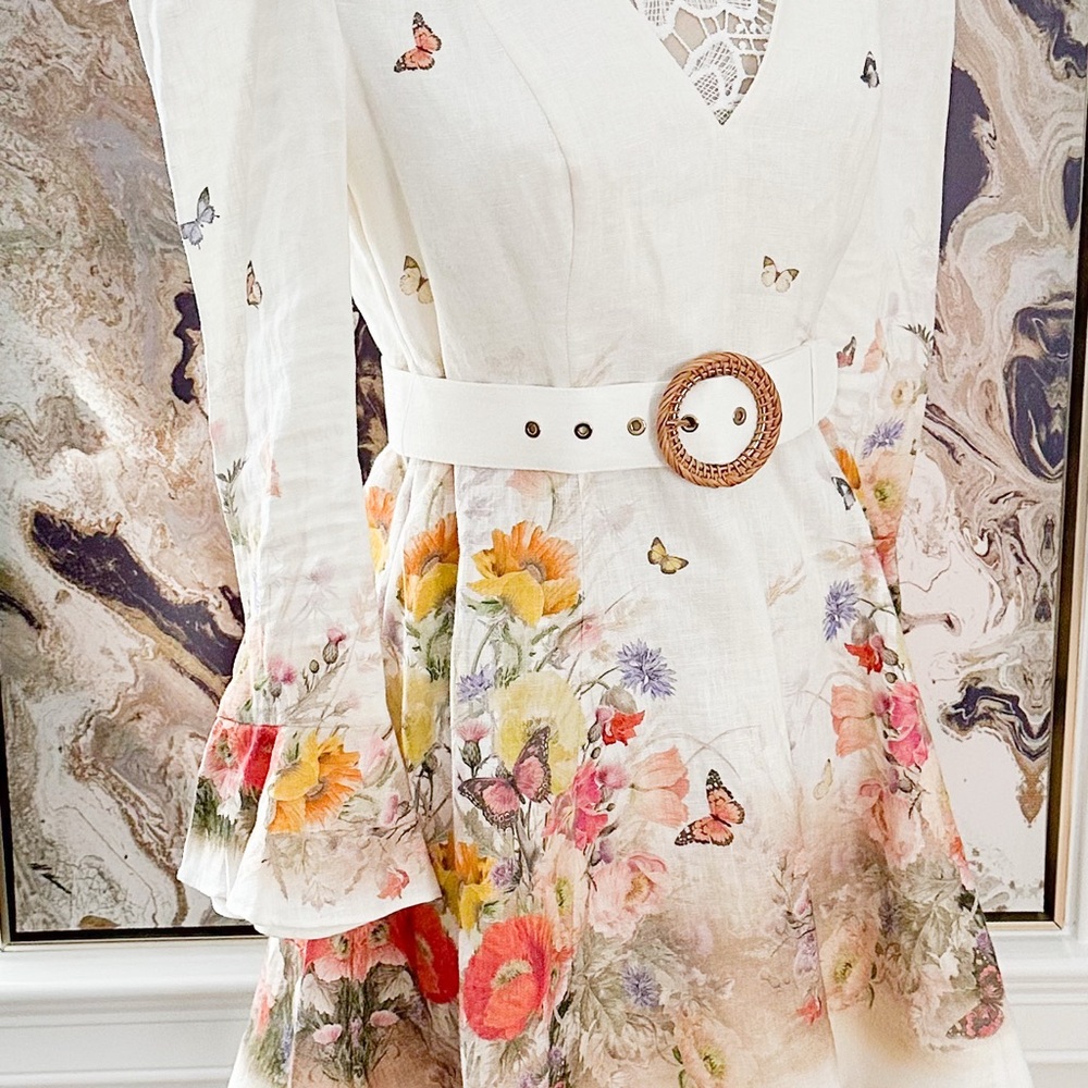 New! Zimmermann Tranquillity Butterfly Floral Linen Mini Dress - Picture 4 of 12